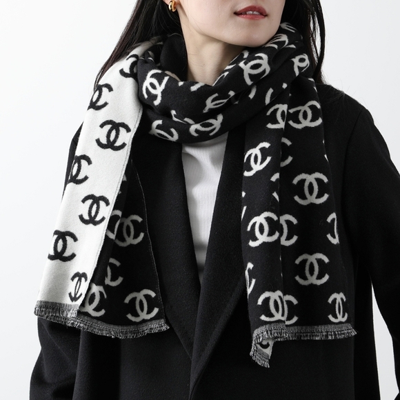 CHANEL Accessories - New!!! Authenticated CHANEL CC Reversible Cashmere & Wool Scarf WRAP BLACK WHITE